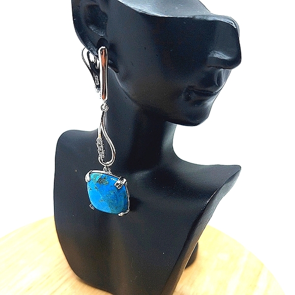 Natural Arizona Turquoise 16mm & Cz 925 Sterling Silver Earrings - Picture 3 of 9
